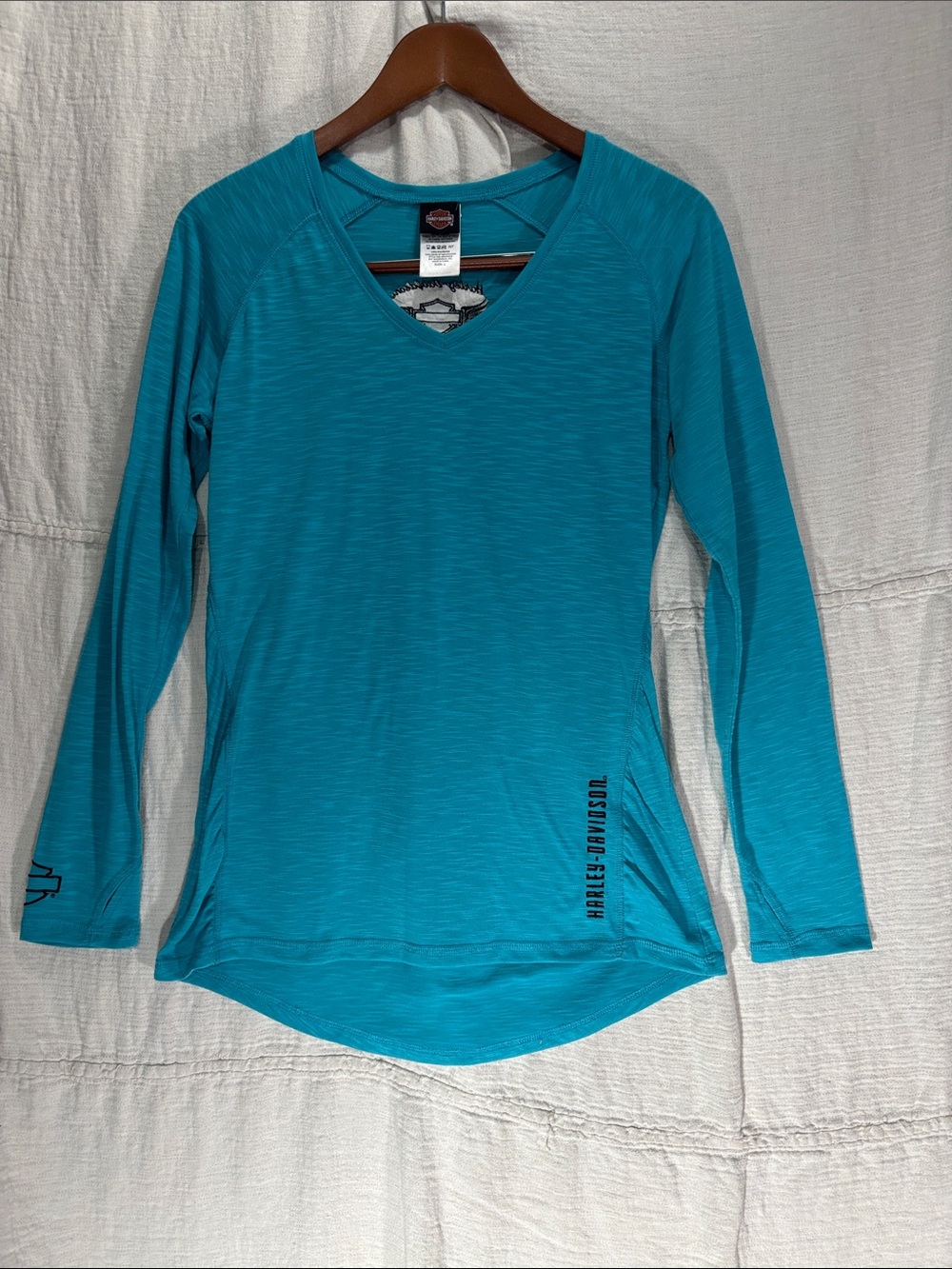 Harley-Davidson Teal Space Dye V-Neck Long Sleeve Top Size L Thumbholes